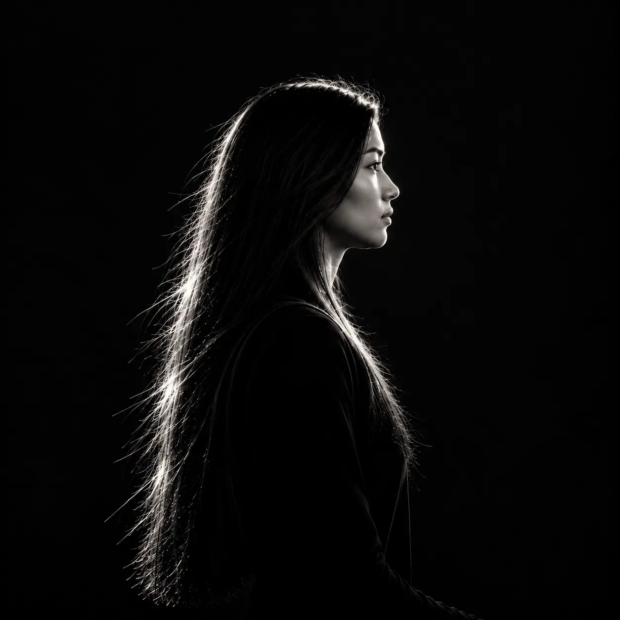 A person in profile, lit from behind against black.