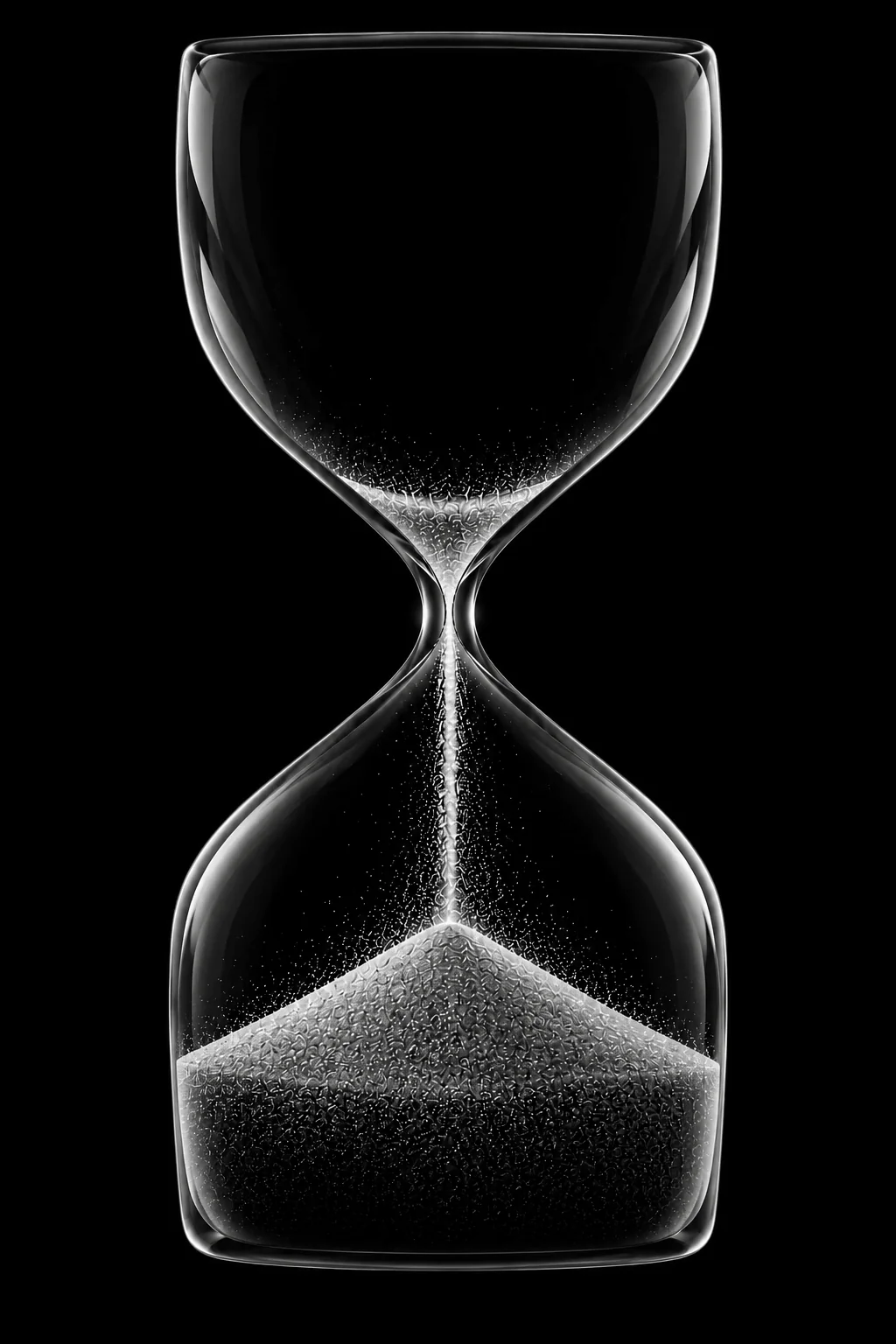 An hourglass almost run through, its last sand still falling.